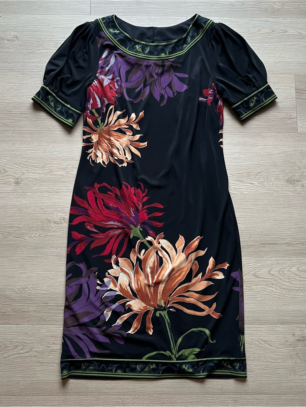 Jones New York Black Midi Dress with Red, Purple & Peach Floral Print